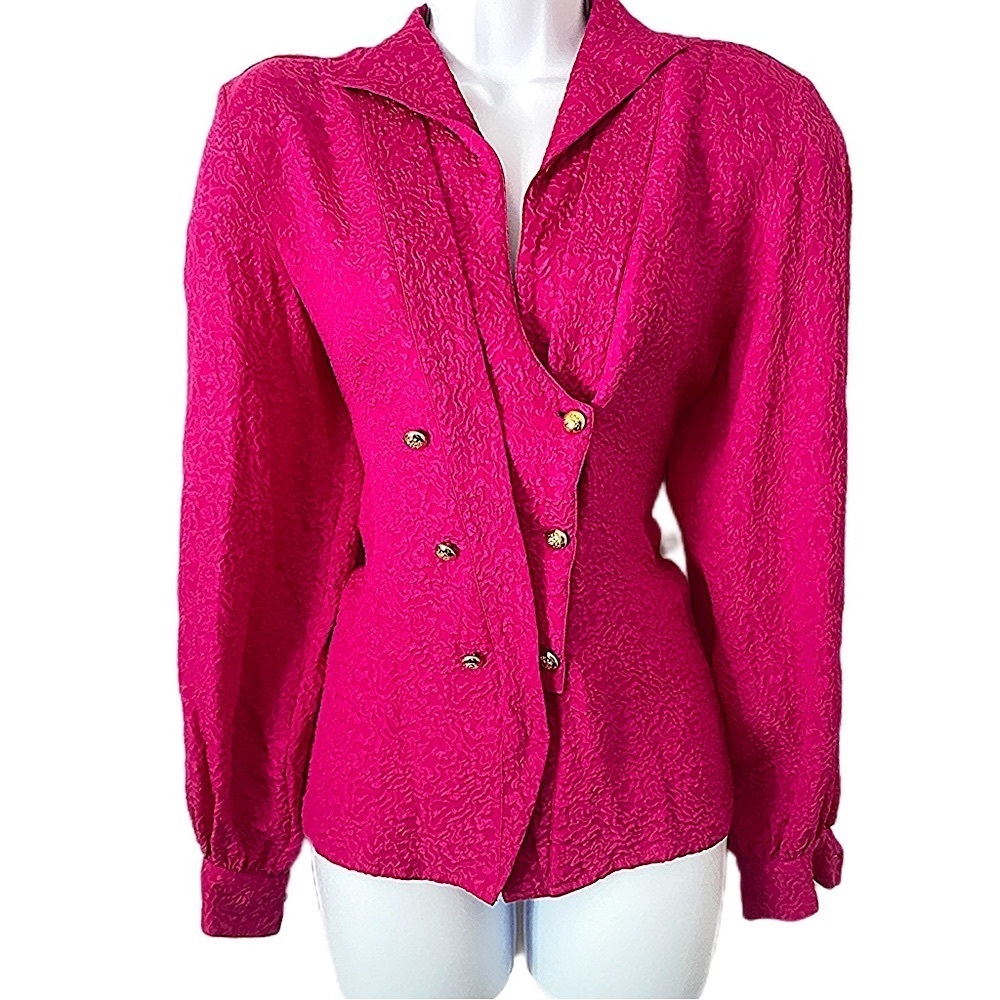 Vintage Silk Hot Pink Button-Up Statement Shoulder Barbiecore Long Sleeve Blouse